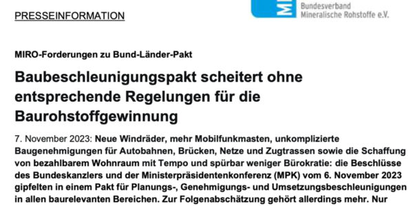 MIRO-Forderungen zu Baubeschleunigungspakt Bundesregierung