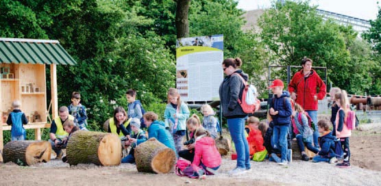 Die Nisthilfen werden in das große Insektenhaus an der Abgrabung eingesetzt.