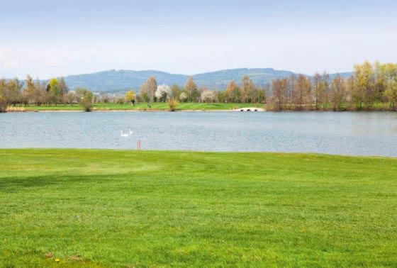 Entstanden durch frühere Kiesgewinnung inmitten einer Seenplatte: Der wunderschön angelegte Golfclub Straubing Stadt und Land e. V. nördlich von Straubing.